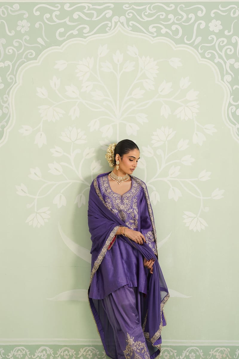 Purple Embroidered Chanderi Kurta Set with Salwar