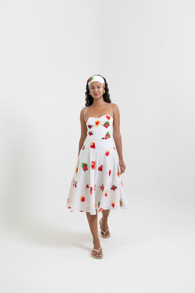 White Printed Fit and Flare Midi Dress with Sweetheart Neck
