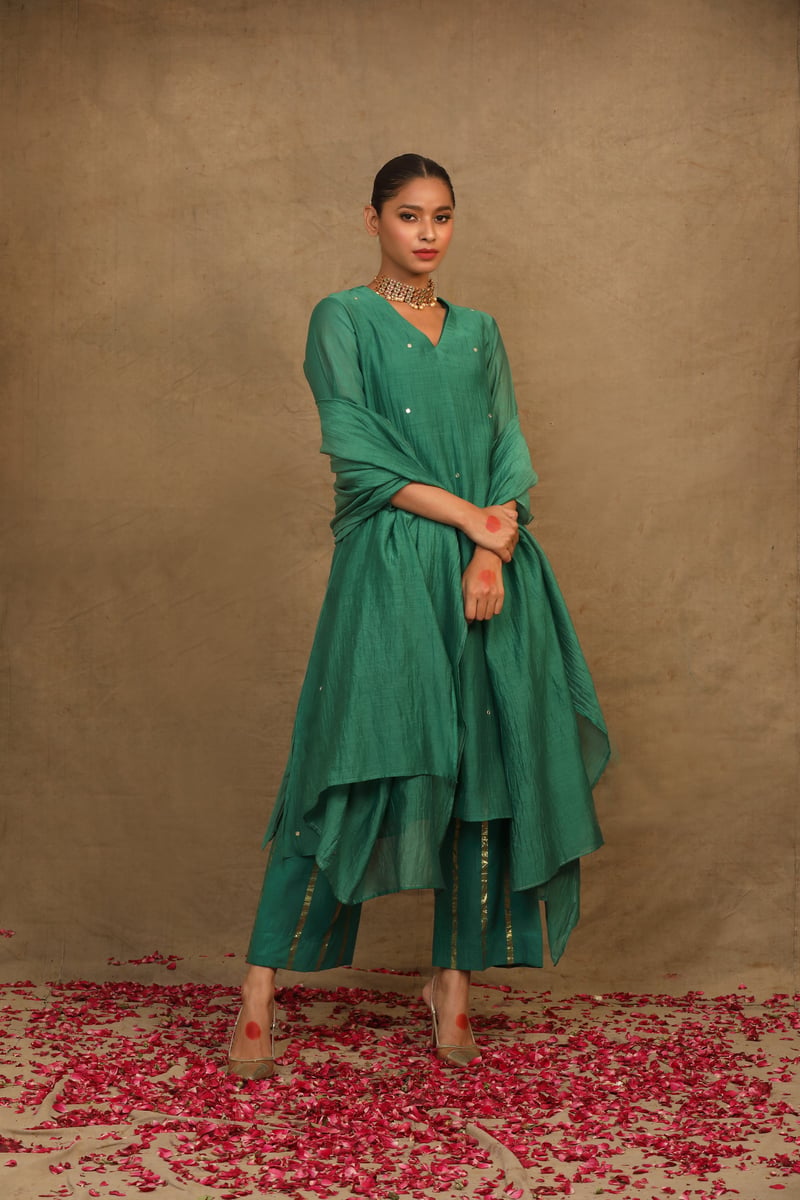 Emerald Green Mirror Work Silk Chanderi Kurta Set