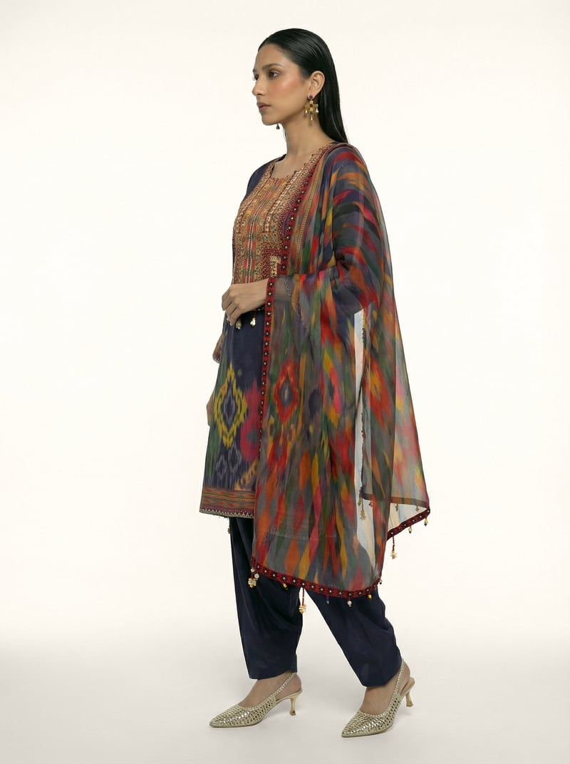 Grey Printed Muslin Silk Kurta Set with Dupatta