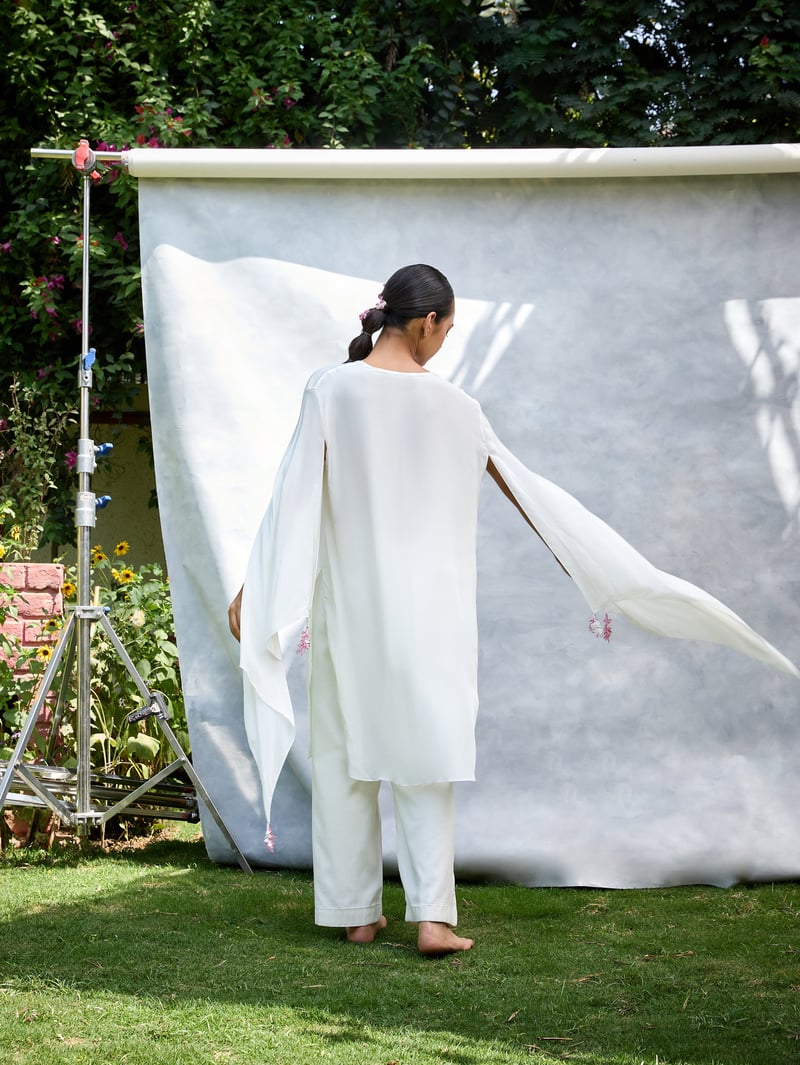White Draped Cape-Sleeve Embroidered Top