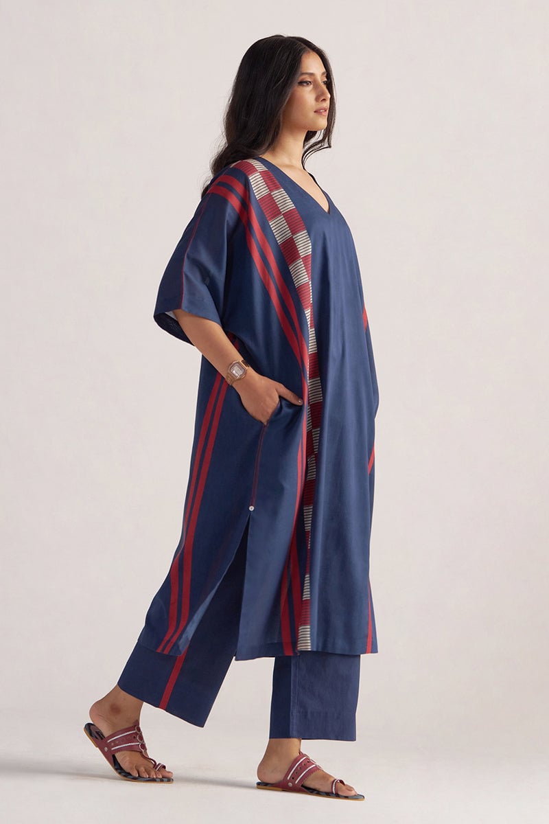 Navy Blue Printed Kaftaan Co-ord Set with Wide-Leg Pants