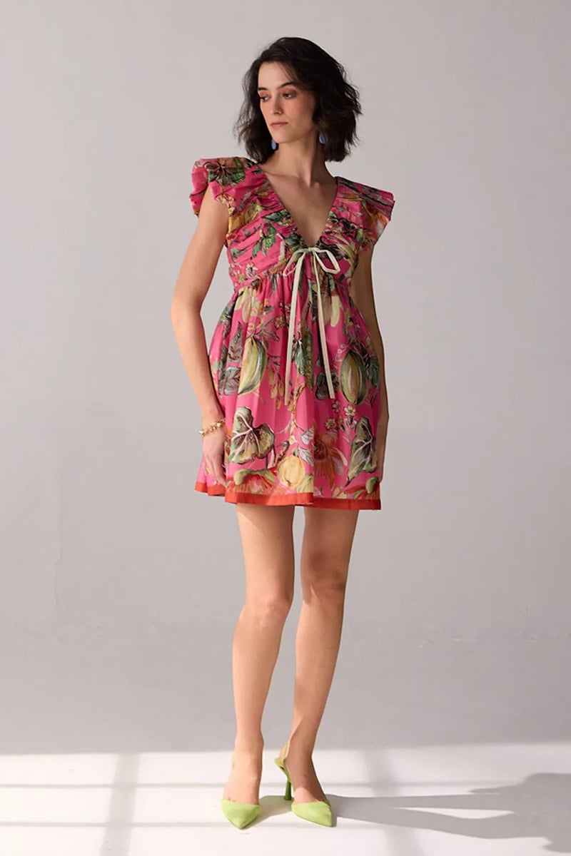 Pink Printed Fit and Flare Mini Dress with Ruffle Shoulders