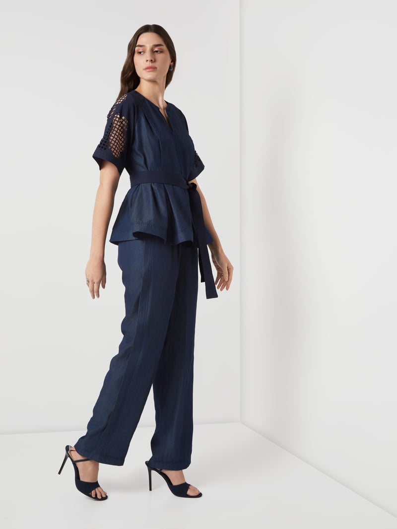 Navy Tencel Denim Peplum Top with Cutwork Sleeves