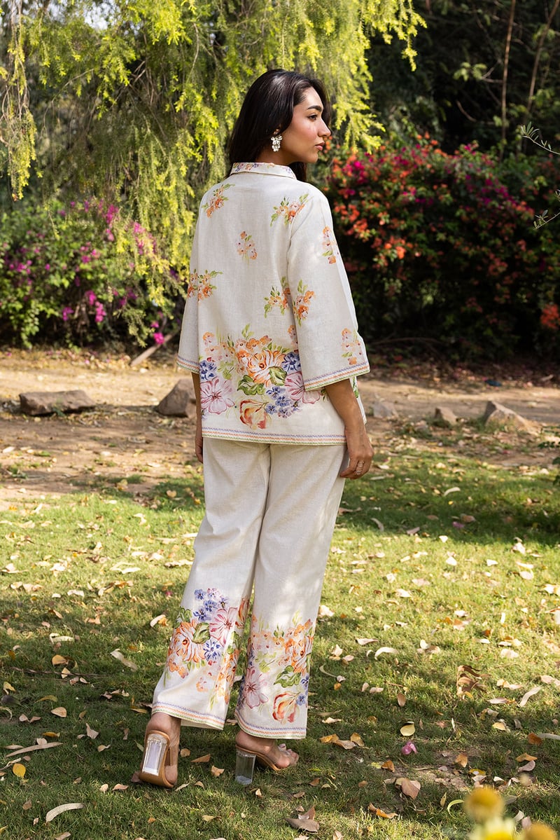 Cream Linen Floral Shirt and Trouser Co-ord Set