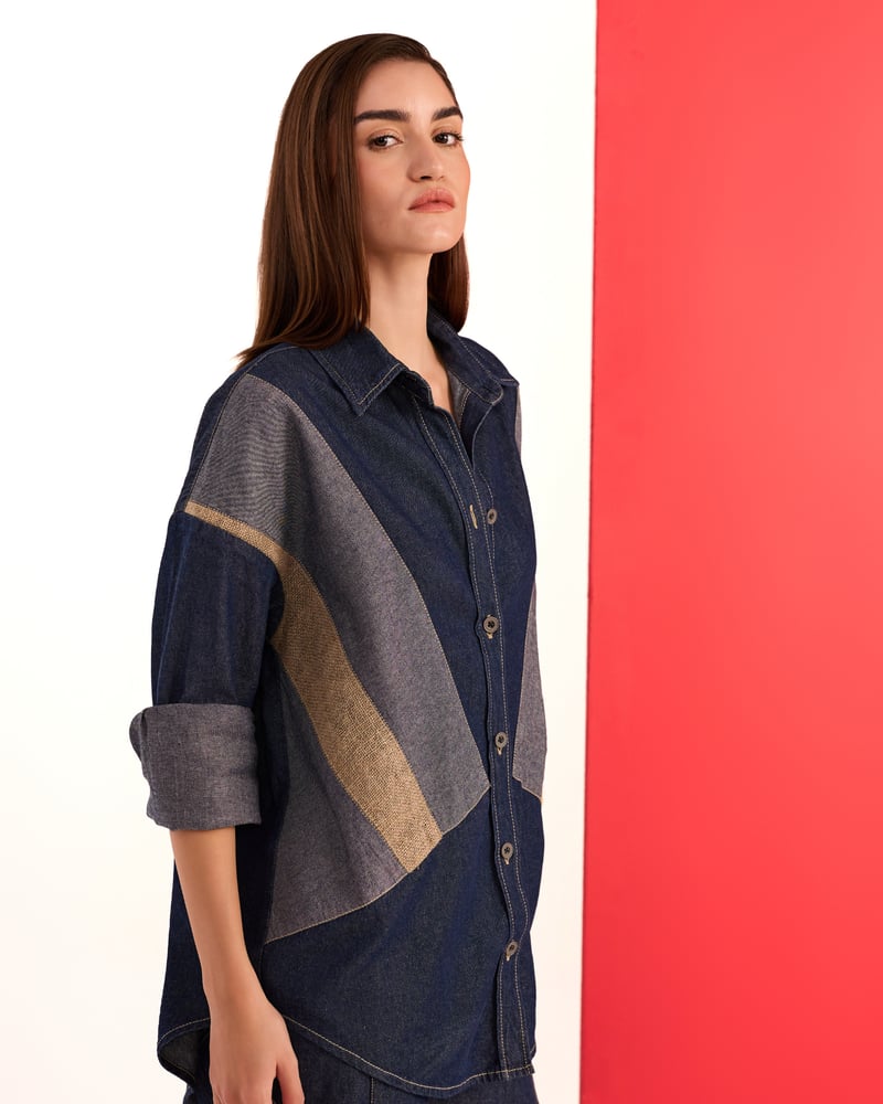 Denim and Beige Colorblocked Relaxed-Fit Shirt
