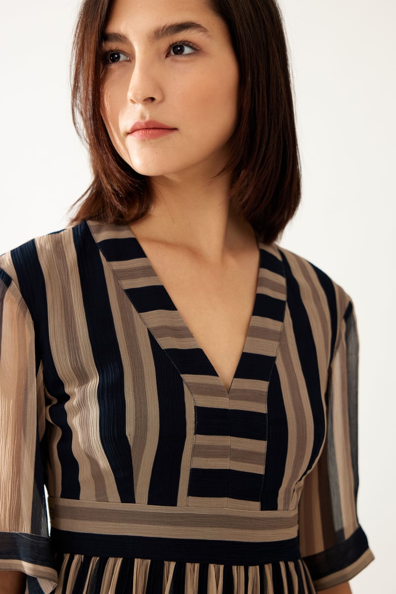 Dark Green And Beige Stripe Long Dress