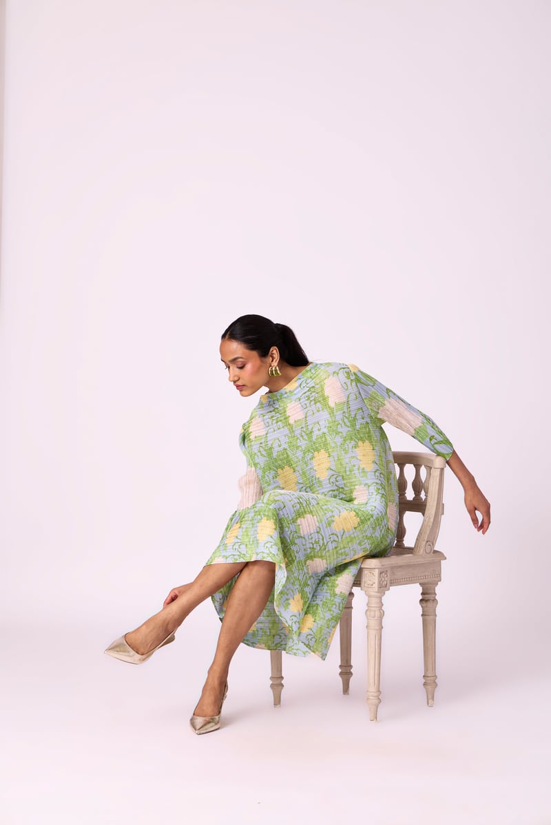Light Blue Pleated Floral Midi Dress with Belt