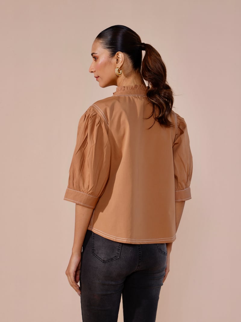 Mocha Cotton Poplin Puff Sleeve Top with Statement Buttons