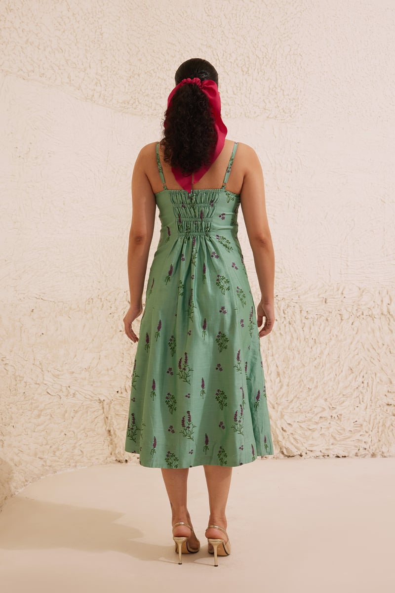 Teal Floral Block Print Chanderi Bustier Midi Dress
