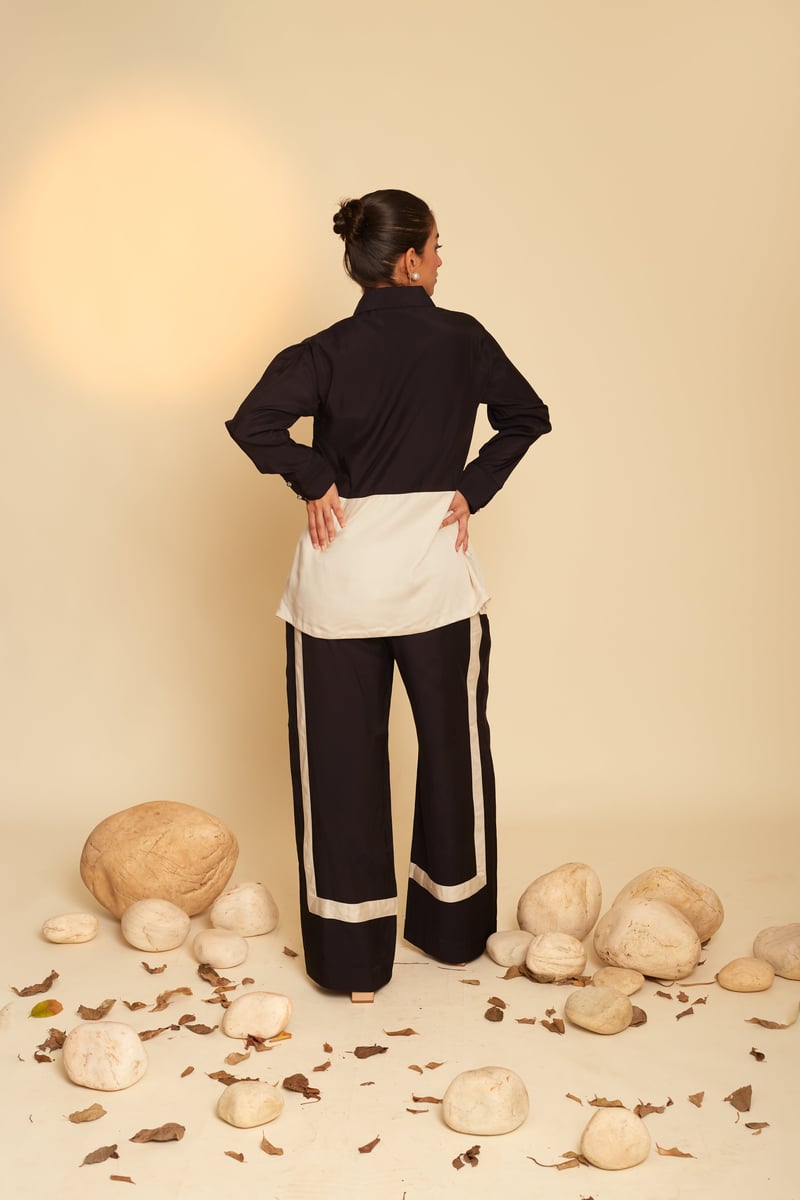 Black and Cream Embroidered Shirt and Pants Co-ord Set
