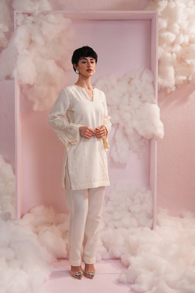 Cream Pearl-Embroidered Kurta and Pant Co-ord Set — Simar Tuli