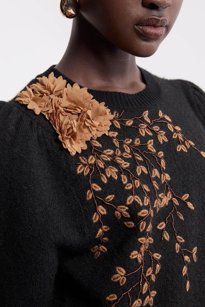 Black 3D Floral Applique Puff-Sleeve Knit Sweater