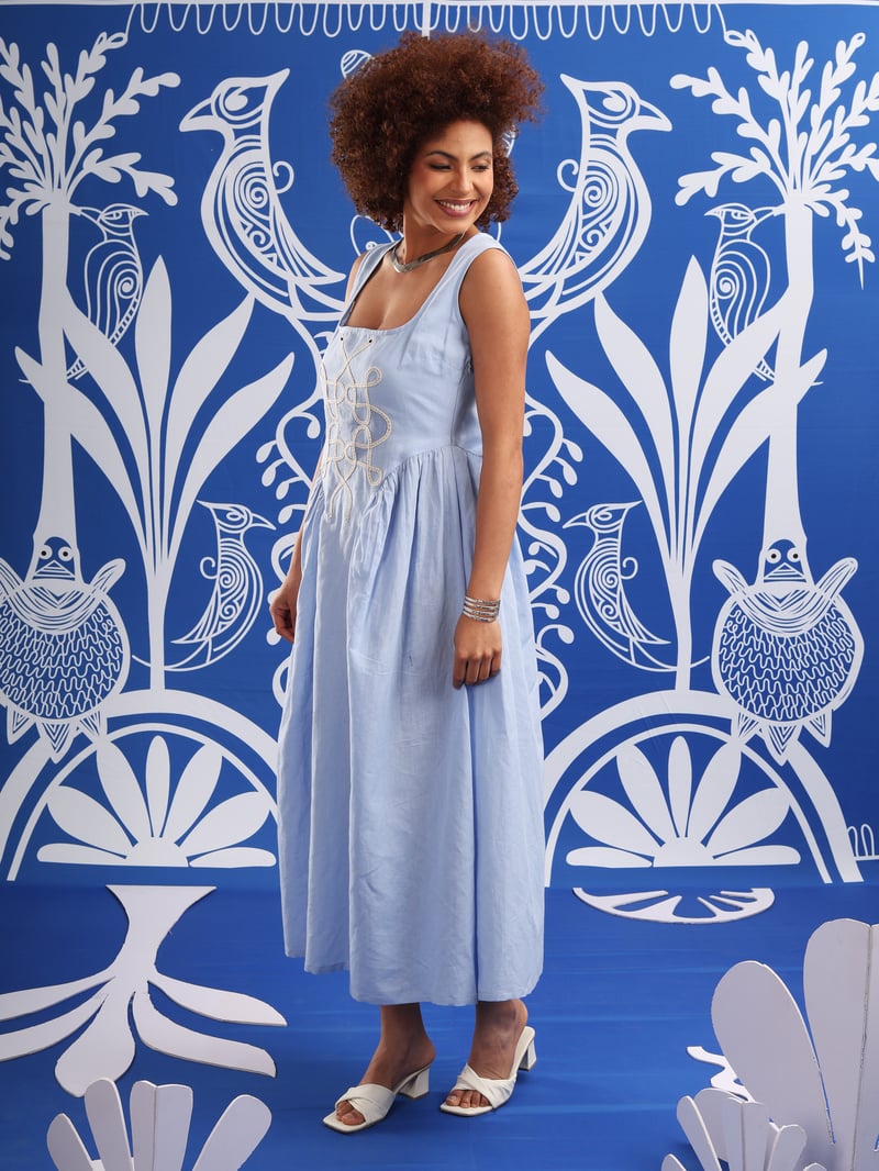 Ice Blue Square Neck Embroidered Fit and Flare Midi Dress