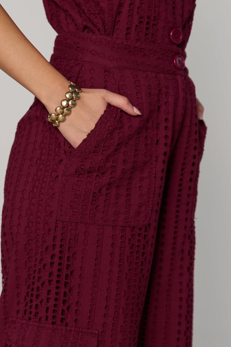 Wine Schiffli Cutwork Wide-Leg Cargo Pants