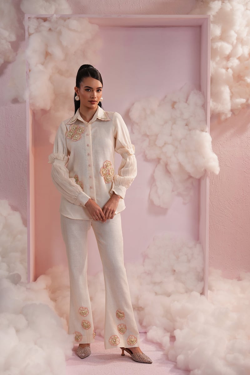 Cream Shirt and Bell-Bottom Co-ord Set — Simar Tuli
