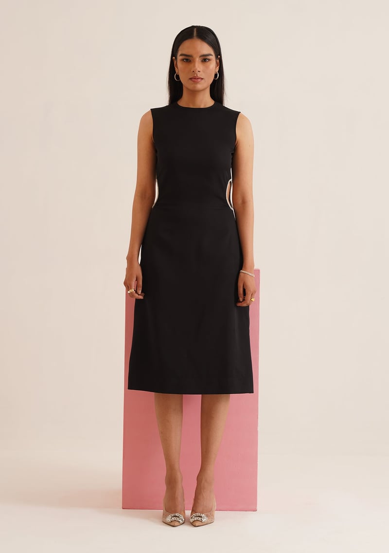 Black Bodycon Midi Dress with Rhinestone Waist Cut-Outs