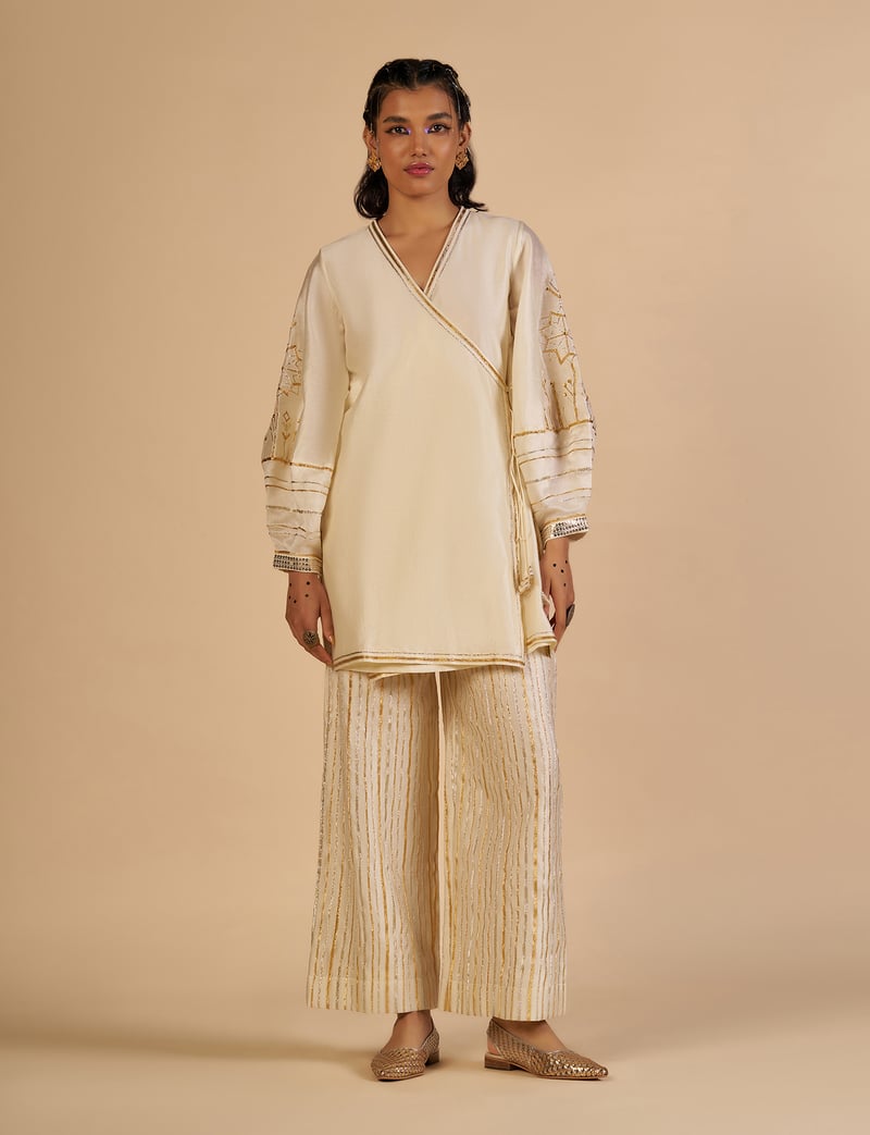 Off White Wide-Leg Lurex Striped Trousers — Gulabo by Abu Sandeep