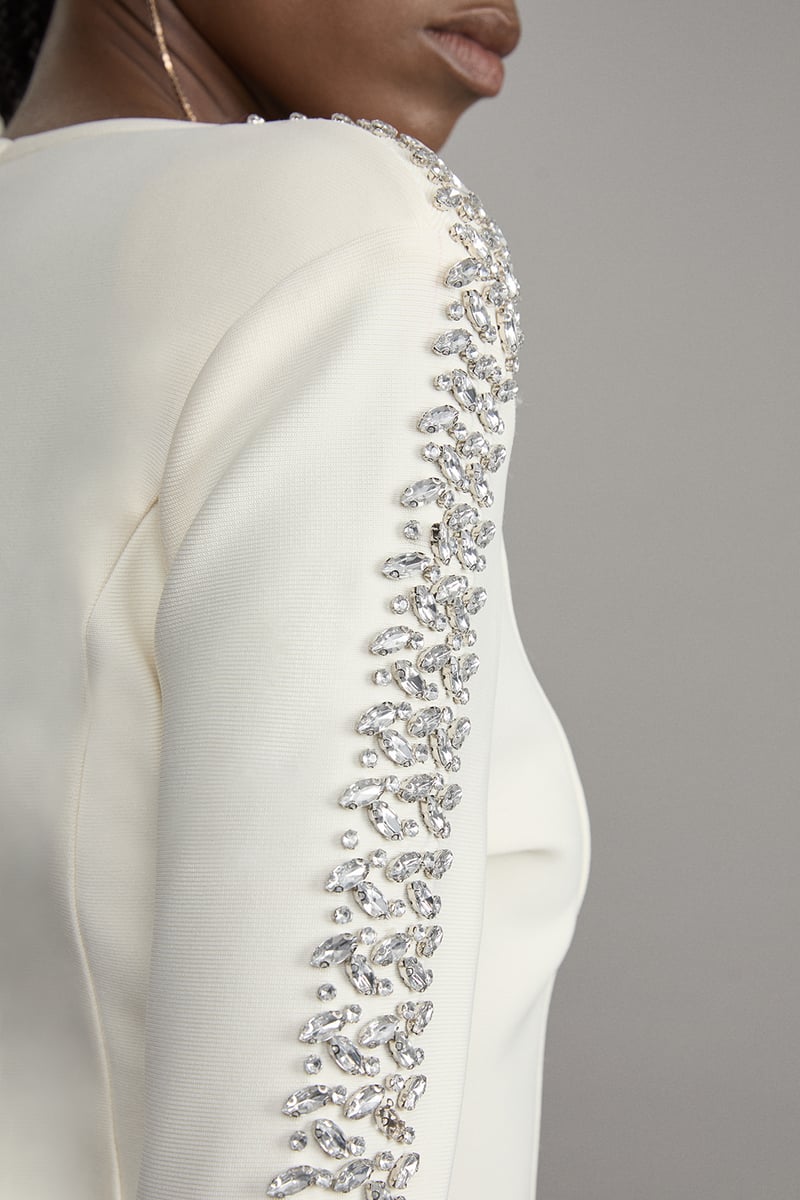 Cream Bandage Knit Crystal-Embellished Sleeve Top