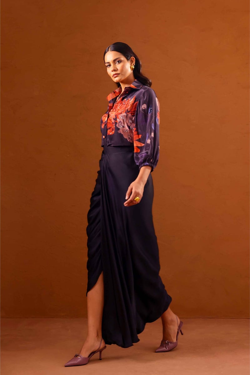 Printed Shirt and Draped Maxi Skirt Co-ord Set