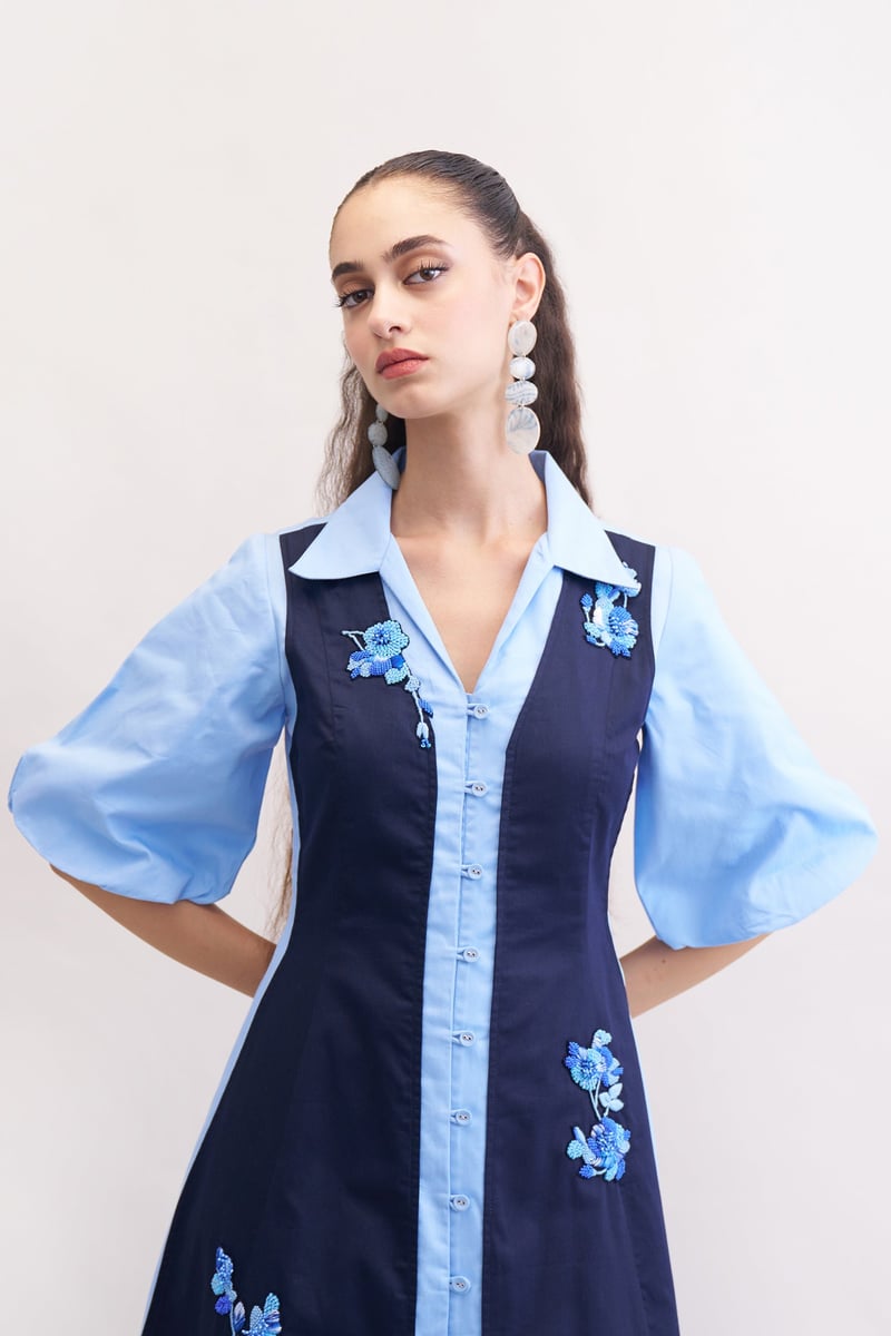 Navy and Blue Colorblocked Embroidered Midi Shirt Dress