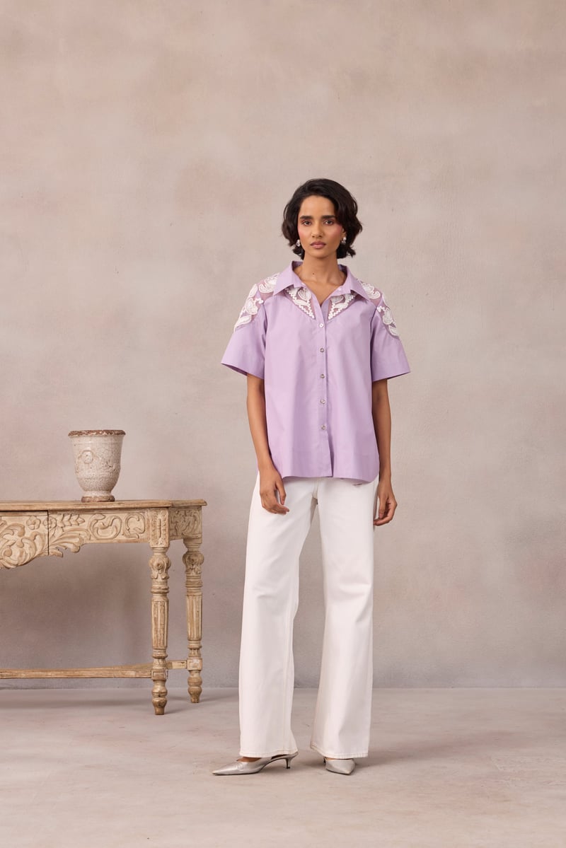 Sweet Lavender Cotton Poplin Shirt With Embroidered Yoke