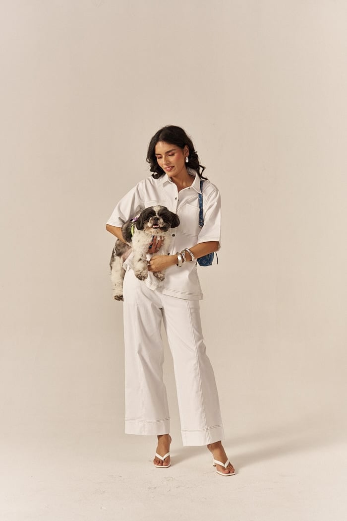 White Denim Oversized Shirt and Flared Pants Co-ord Set