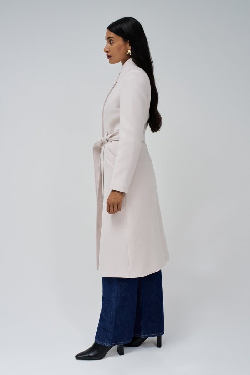 Light Pearl Longline Wool-Blend Belted Coat