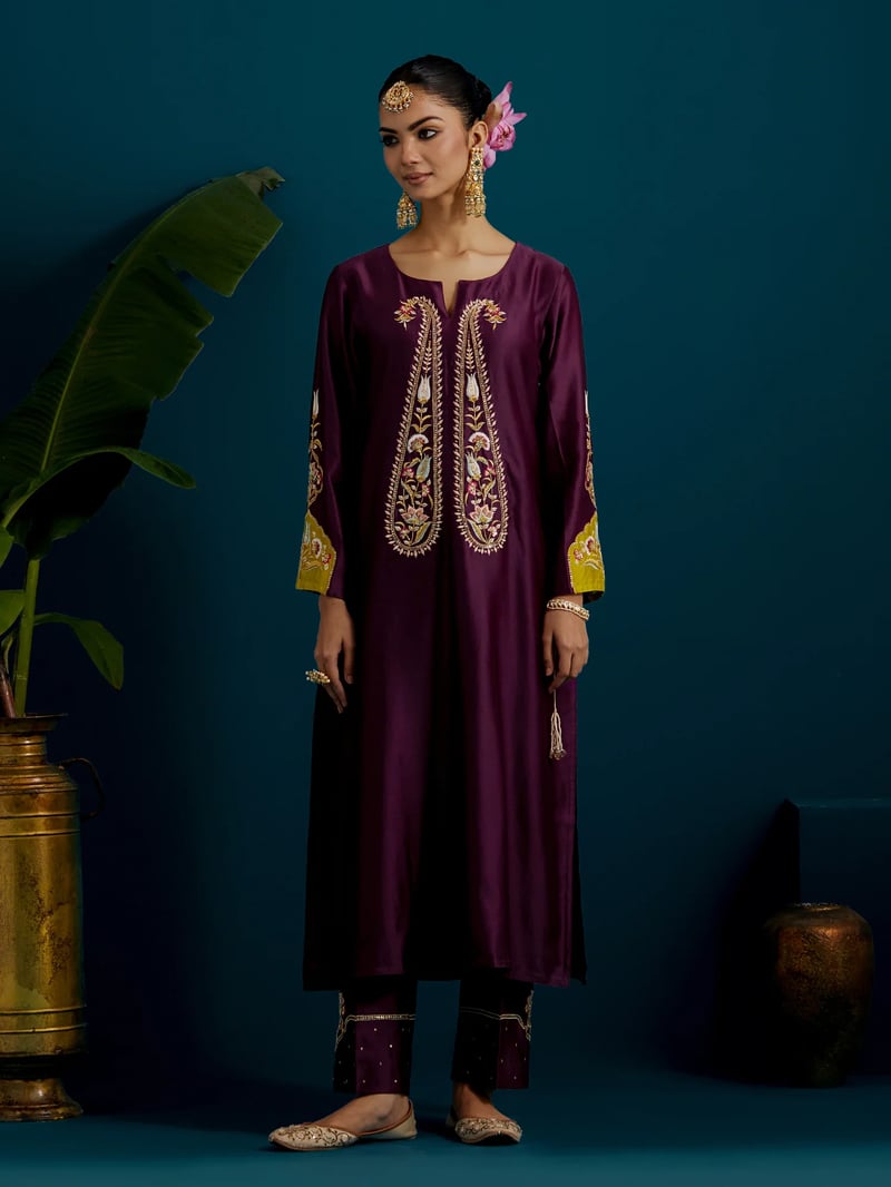 Purple Embroidered Yoke Kurta and Pant Set — Anantaa