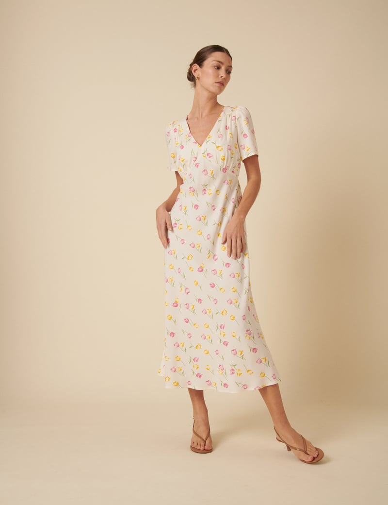 Cream Floral Wrap Midi Dress