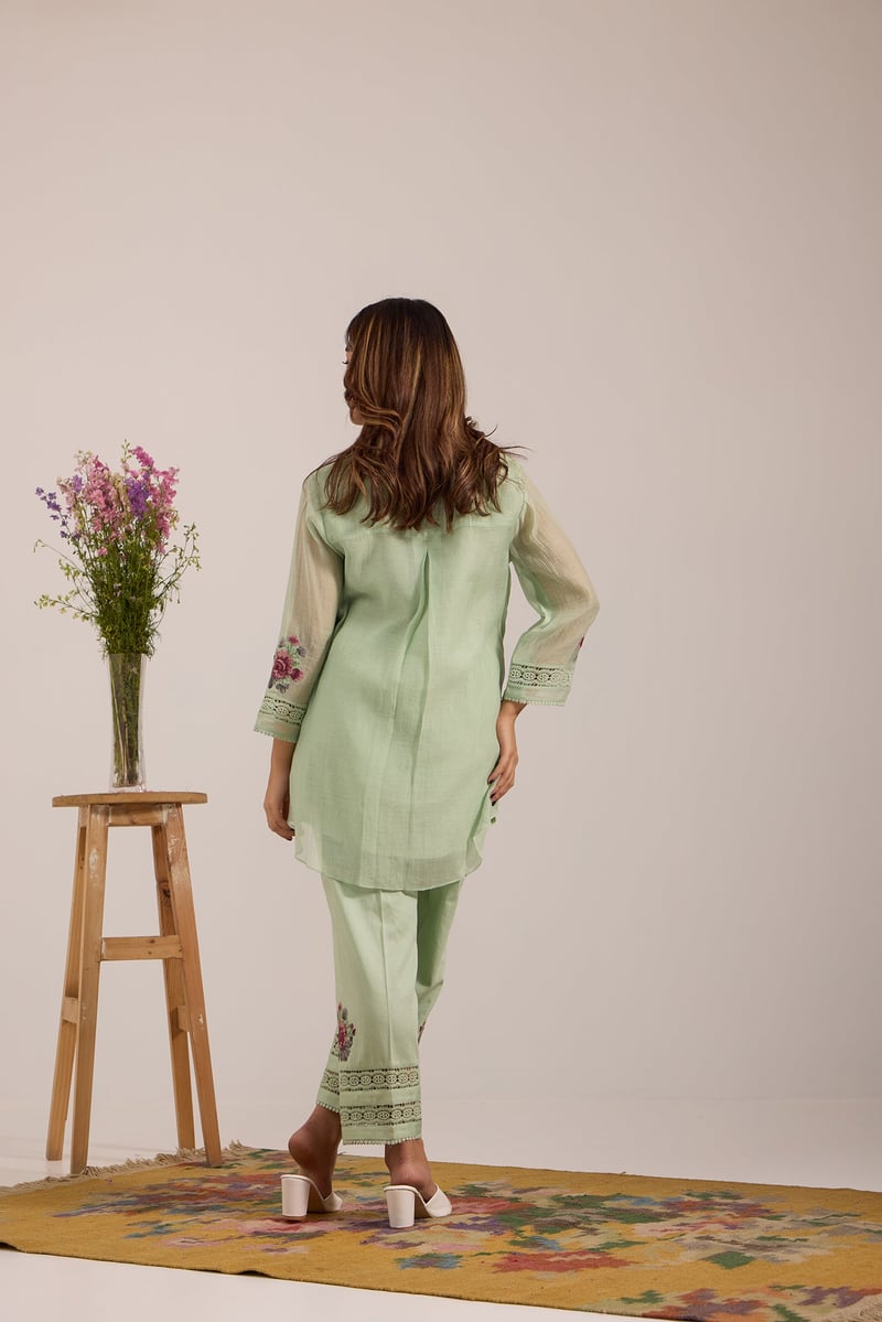 Sea Green Mul Chanderi Lace Yoke Tunic Pant Co-ord Set