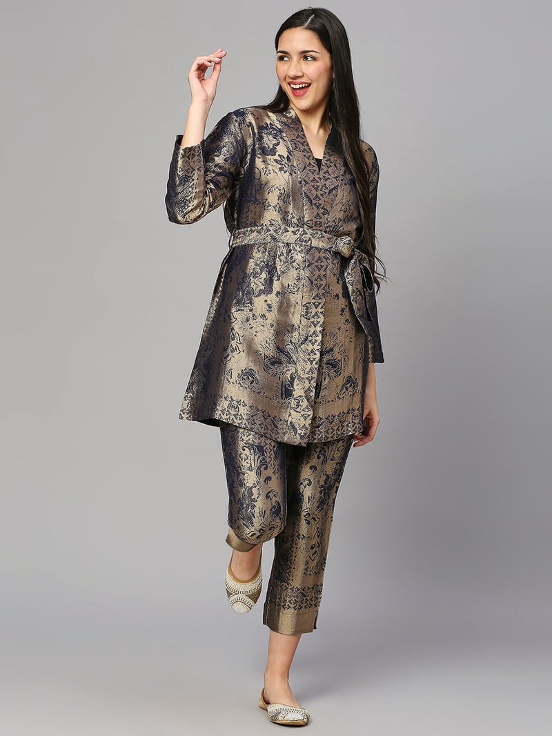 Navy/Gold Metallic Jacquard Cigarette Trousers