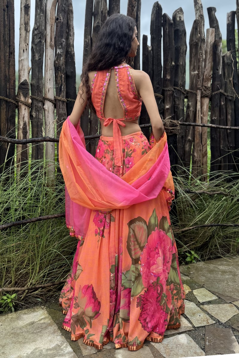 Orange Floral Organza Lehenga Set with Tie-Back Choli