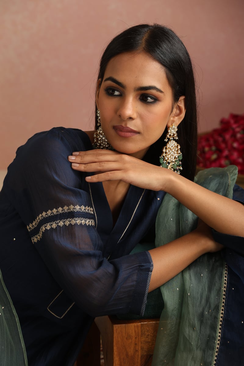 Navy Blue Silk Chanderi Embroidered Kurta Set