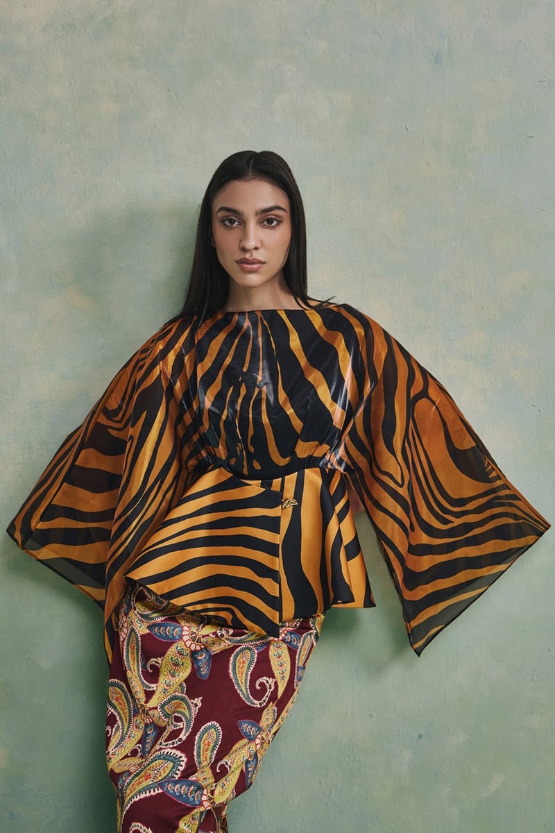 Black/Yellow Zebra Print Cape Sleeve Flared Top