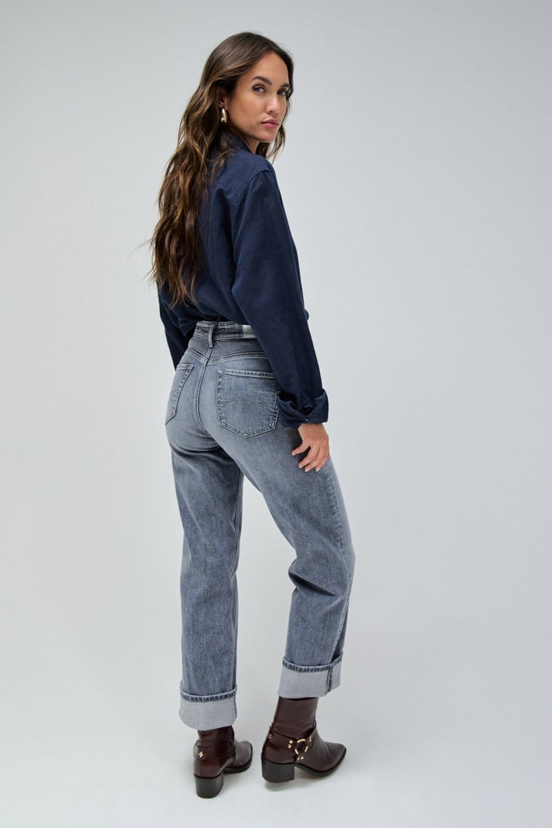 Light Grey High-Rise Straight-Leg Jeans with Cuffed Hem
