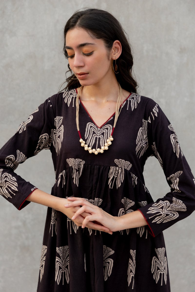 Black Block Print Fit and Flare Maxi Dress