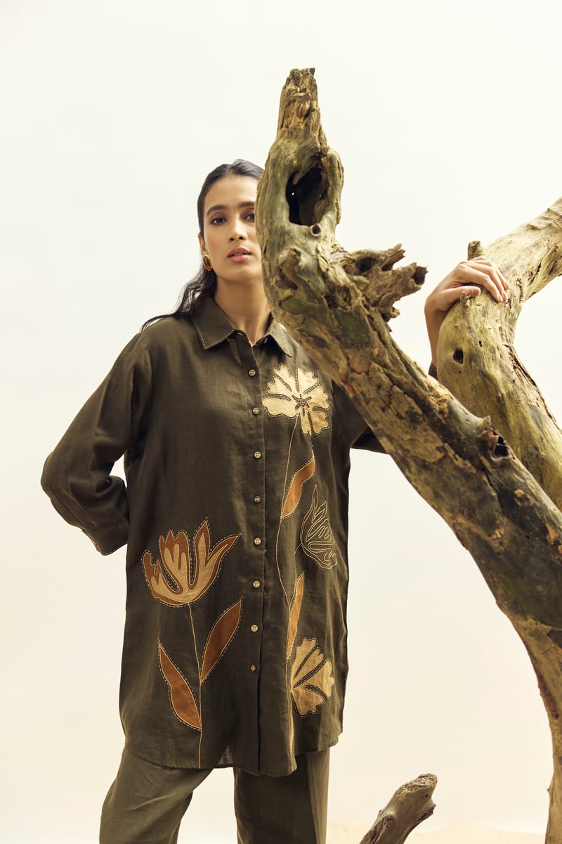 Olive Linen Longline Shirt with Botanical Applique