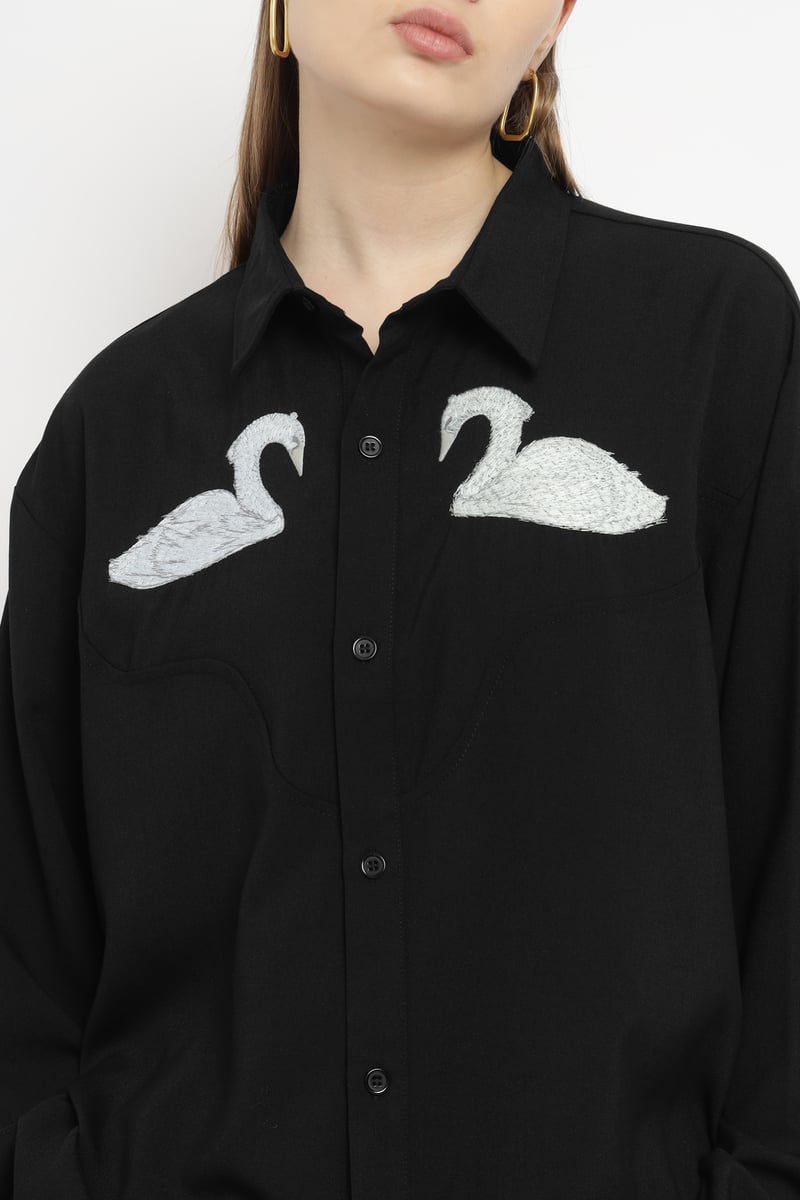 Black Oversized Swan Embroidered Shirt with Satin Necktie