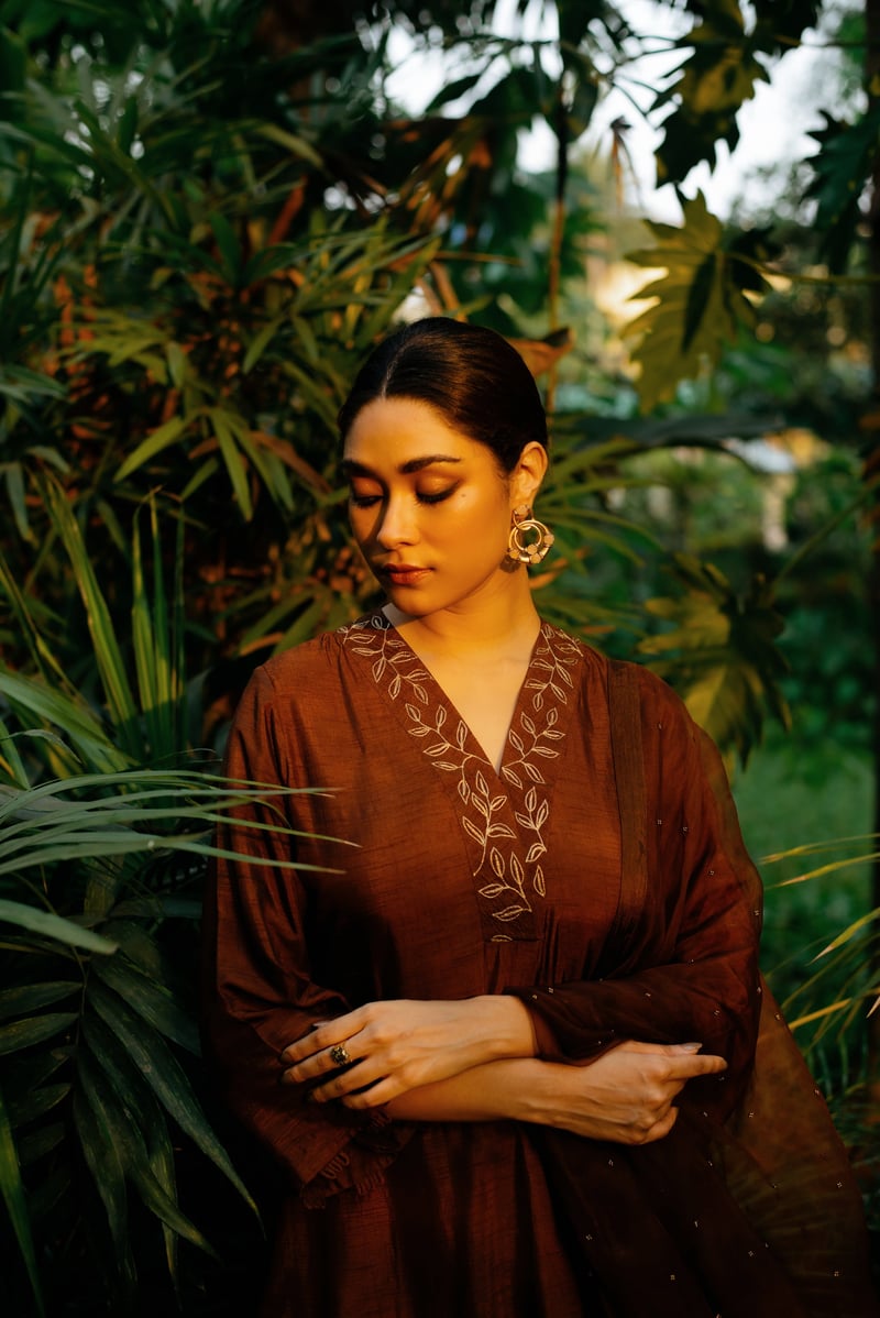 Brown A-Line Embroidered Kurta Set with Dupatta