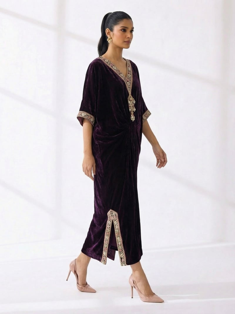 Purple Velvet V-Neck Kaftan with Zari Border
