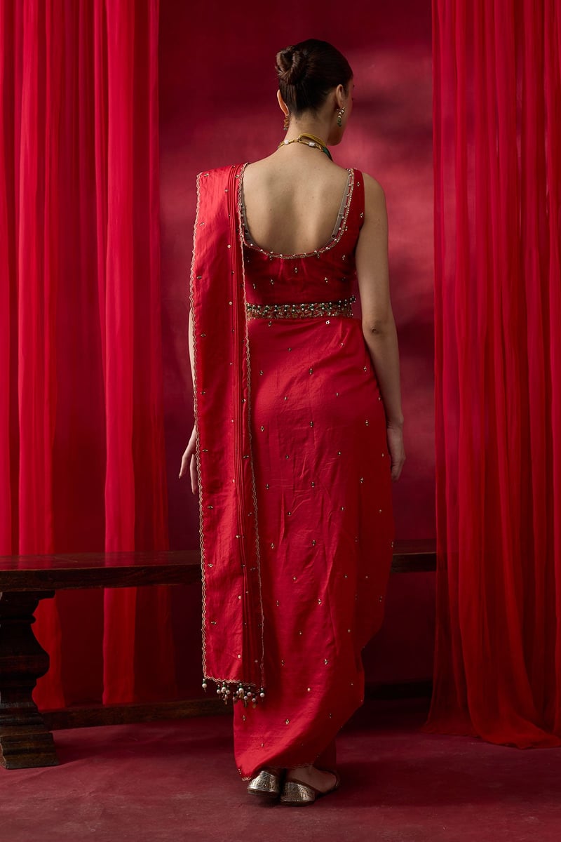 Red Silk Embellished Saree Set with Embroidered Blouse