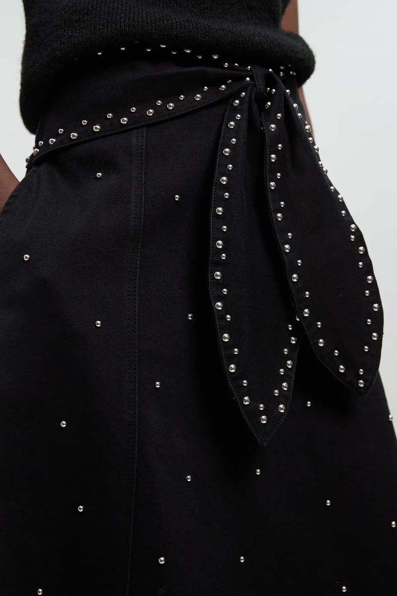 Black Stud-Embellished A-Line Midi Skirt