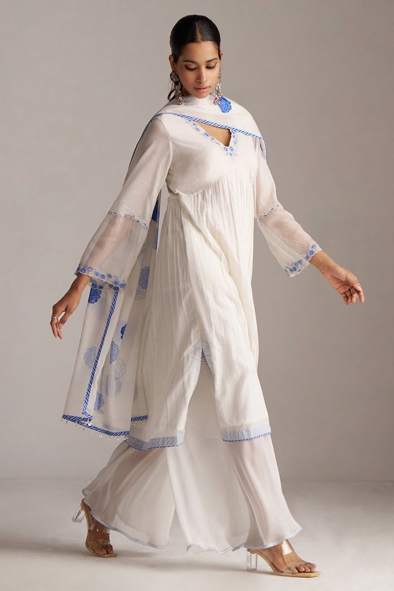 Marshmellow and Cobalt Blue A-Line Chanderi Kurta Set