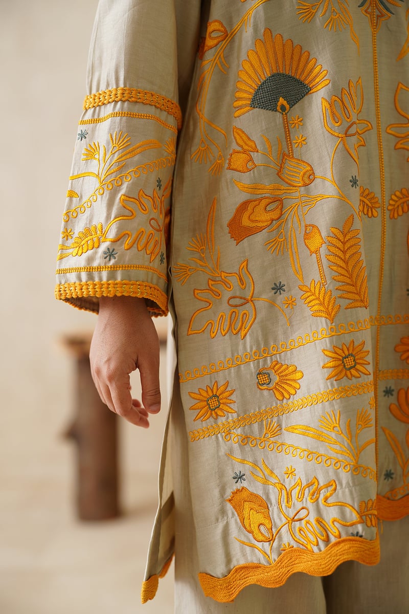 Beige Chanderi Embroidered Kurta Co-ord Set