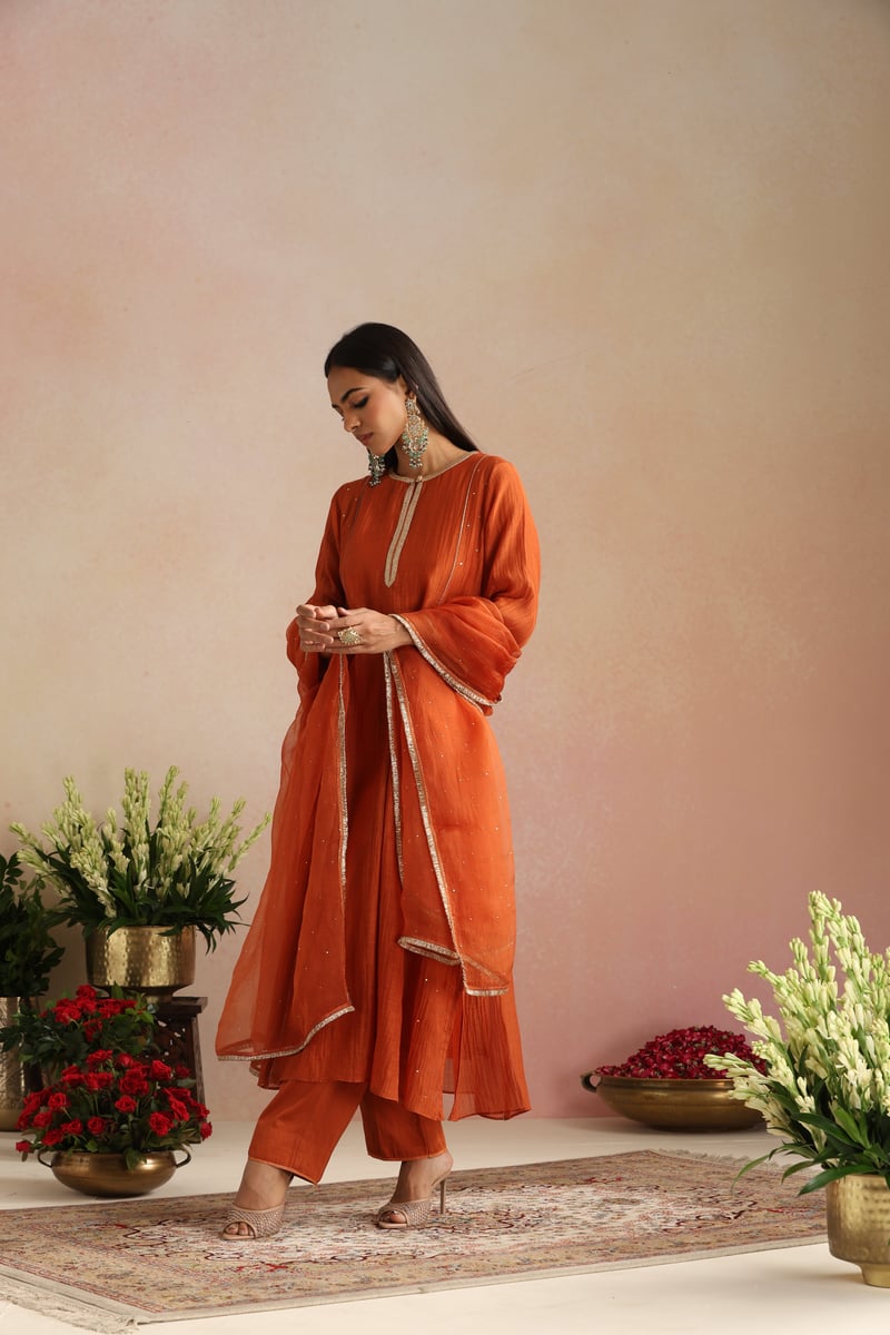 Burnt Orange Silk Chanderi Kurta Set with Gota Trim