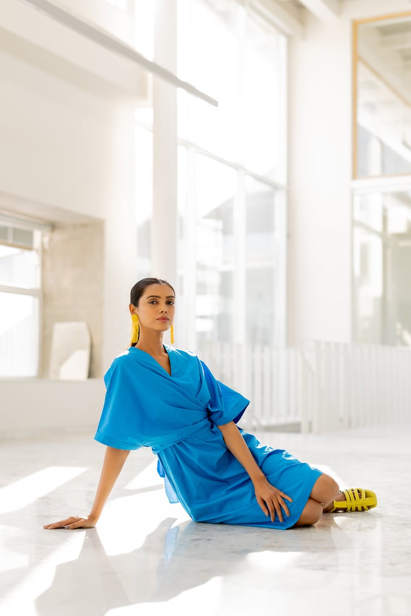 Blue Cotton Poplin Wrap Dress with Kimono Sleeves