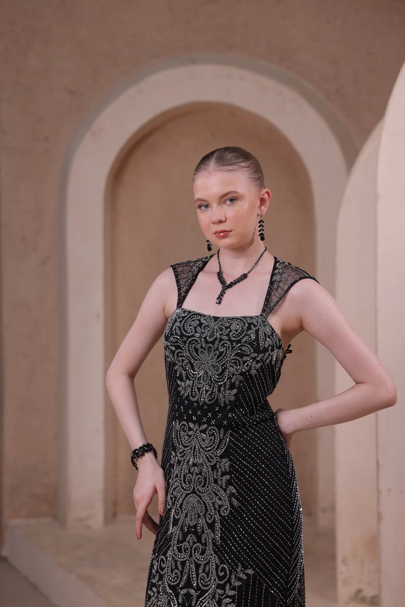 Black Beaded Baroque Detail Floor-Length Gown — EDITION II