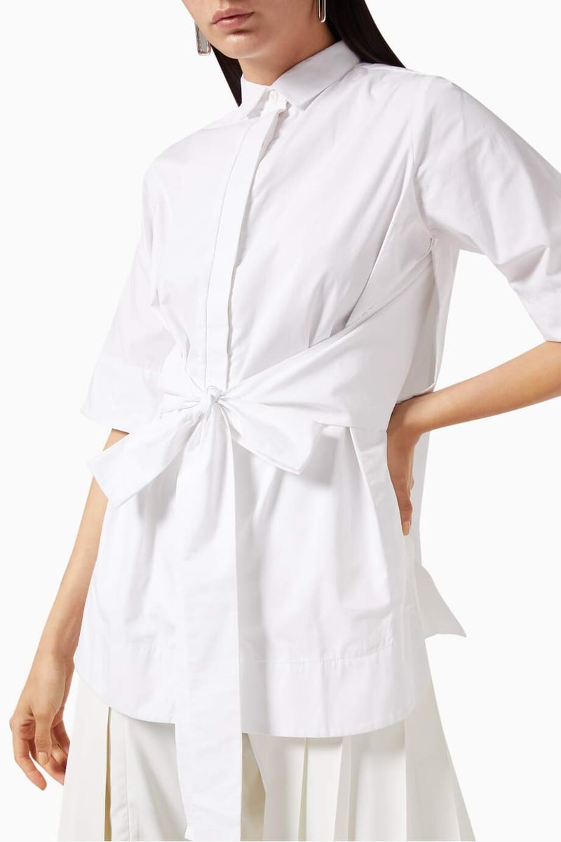 White Tie-Up Belted Cape-Back Shirt
