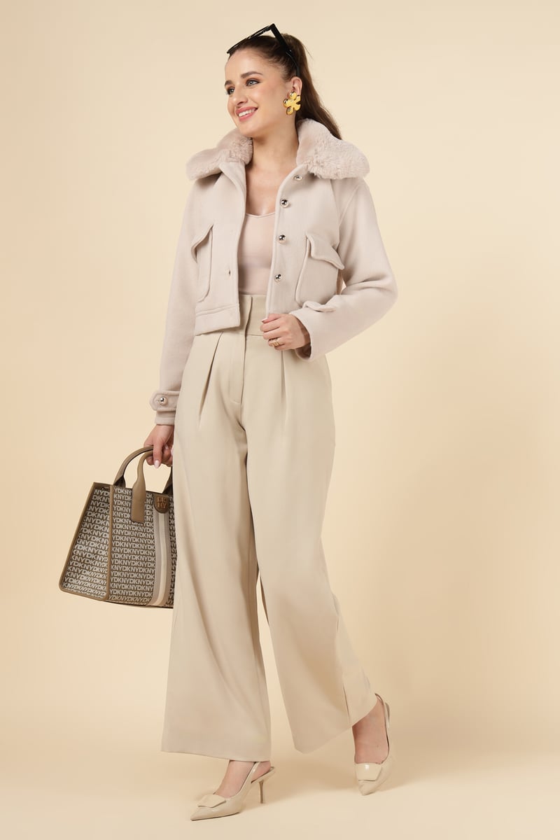 Beige Cropped Button-Front Jacket with Faux-Fur Collar